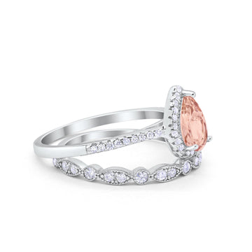 Teardrop Bridal Piece Wedding Ring Simulated Morganite CZ Art Deco Band 925 Sterling Silver